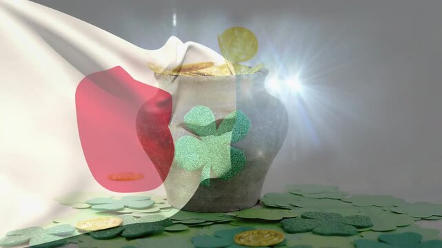 White fabric sweeping left revealing shamrock pot showcasing lens flare flaring and coins falling