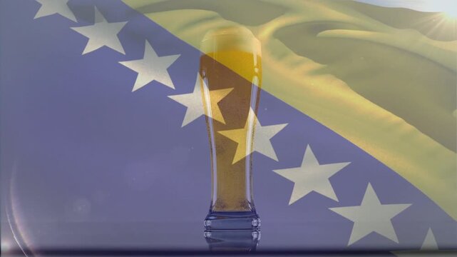 Flag initiating ripple, band moving and casting stars over center beer glass, emphasizing glass