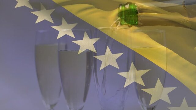 Green bottle being tipped, pouring golden bubbles, filling right flute, showing Bosnia flag overlay