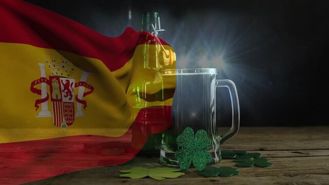 Wind gust causing Spain flag waving across table, revealing mug and bottle shine, showcasing clover