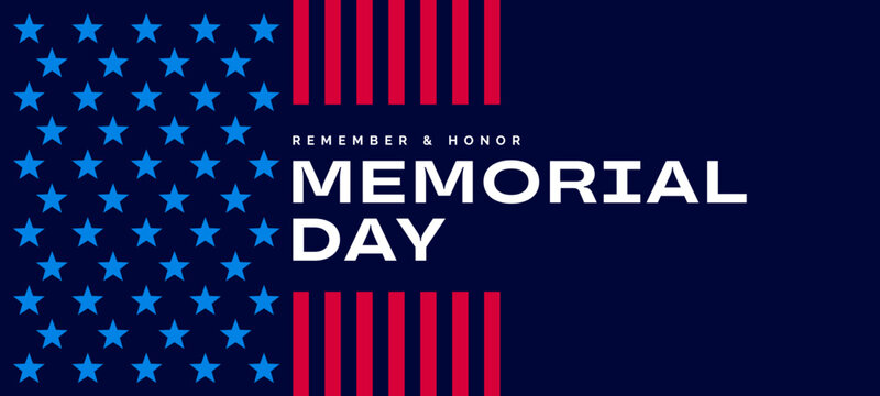 US Memorial Day card banner, stars and stripes background
