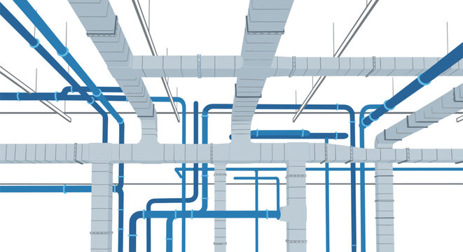 A dense network of grey ducts and blue pipes intricately interweaves, illustrating a complex building system infrastructure.