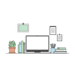 Minimalistic Home Office Vector Illustration, Desk with Laptop and Books, Organized Workspace, Flat Design, Modern Calm Style
