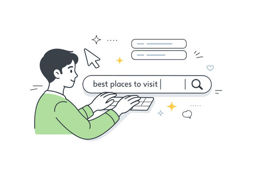 Search and interface elements. Person typing a query into a clean search bar, focused and calm interaction. Cursor, magnifying glass icon,