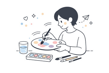 Fototapeta premium Color exploration. A person mixing watercolor shades on a palette, with soft floating dots and motion lines indicating gentle