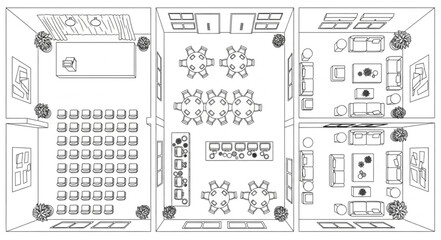 Detailed overhead view of various rooms with furniture arrangements and layouts. © Sosi