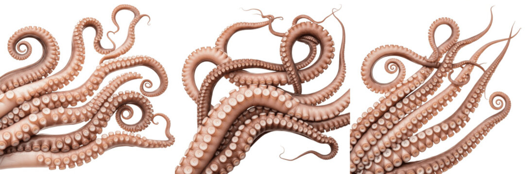 Realistic Octopus Tentacles Set - 3D Illustration of Fresh Squid Arms with Detailed Suction Cups for Seafood, Marine Biology, and Culinary Concepts Isolated on White Background