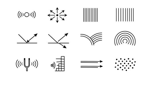 Acoustic Physics Icons. Acoustic physics. Line icon set of Acoustic physics: sound source point, wave propagation arrows, compression lines, rarefaction lines,