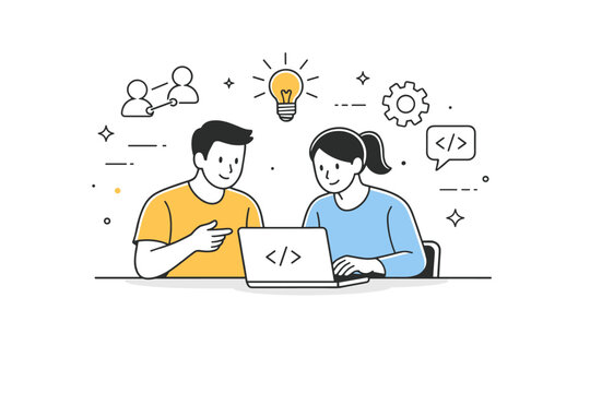 Pair programming session. Two developers sitting side by side at a table, collaborating on code with gentle gestures and floating line icons representing