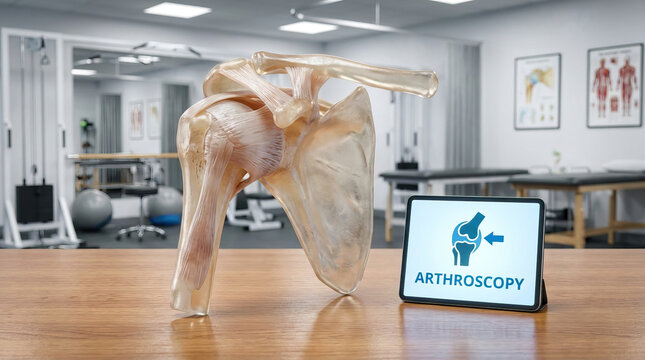Transparent shoulder joint model and tablet display explaining arthroscopy in bright physical therapy clinic, educational medical concept with clinical equipment and charts