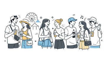 Summer festivals crowd details. Group of festival visitors chatting and smiling, drinks and small bags in hand. Casual social interactions