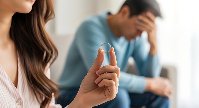 Woman holding wedding ring in hand, while unhappy man sits on sofa. Relationship breakup or divorce concept. End of marriage and separation.