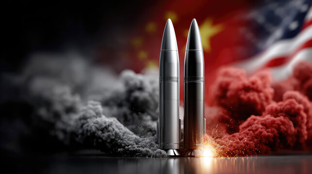 Multiple rocket launcher firing missiles against the background of Chinese and American flags, symbolizing geopolitical confrontation, military escalation, global tension and strategic warfare power