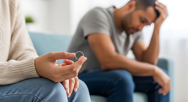Woman holding wedding ring in hand, while unhappy man sits on sofa. Relationship breakup or divorce concept. End of marriage and separation.