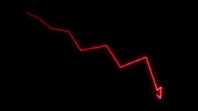 Negative trend shows by red arrow graph moving downward with red electric effect, financial decline animation on alpha channel background, perfect for economic crisis, stock market, or business themes