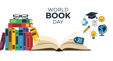 World book day celebration with stack of colorful books and educational icons on white background