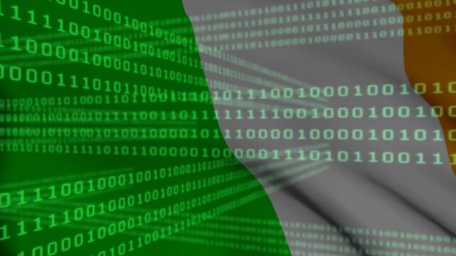 Left green stripe dominating, tricolor flag panning right, binary digits scrolling forming layer