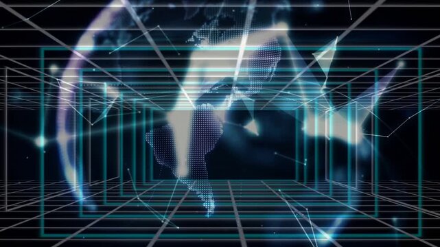 Particle net brightening and globe forming, palm rising, supporting rotating holographic globe