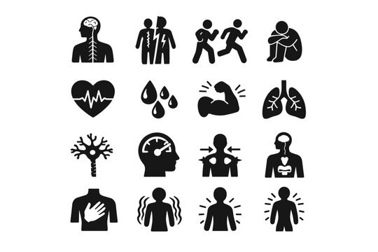 Trauma Response Icons. Neuropsychology of trauma and PTSD. Solid icon set of Neuropsychology of trauma and PTSD: nervous system, autonomic nerves, fight or
