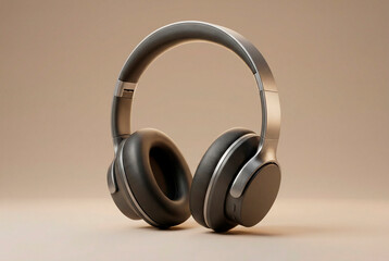 Naklejka premium Wireless over-ear headphones with leather padding and metallic finish on a neutral beige background with soft lighting and simple