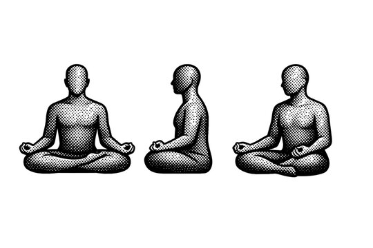 Meditation pose icon. A single meditation pose icon shown in three views: front view, side view, and three-quarter view, emphasizing seated