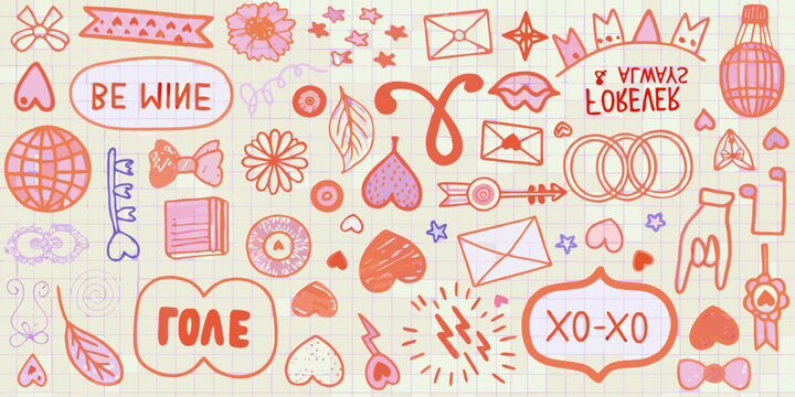 Colorful doodle collection featuring hearts flowers and various whimsical objects