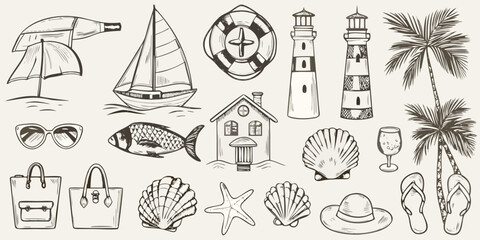A collection of hand drawn nautical and beach themed illustrations © AnupKumar
