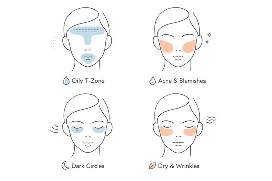 Skin analysis visual. Abstract face shapes with highlighted zones indicating skin concerns and care areas. Calm, professional dermatology