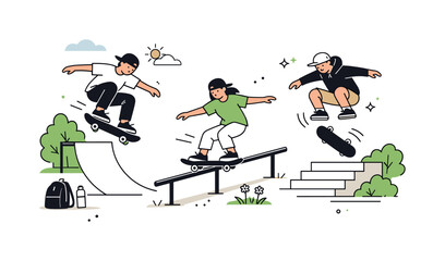 Fototapeta premium Diverse group of friends enjoying skateboarding tricks at a sunny outdoor skatepark
