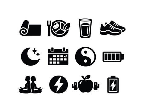 Balanced Lifestyle. Filled icon set of Balanced Lifestyle: yoga mat, healthy meal plate,