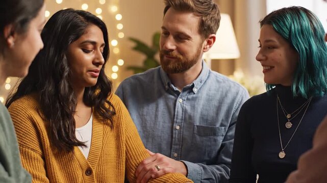 Diverse group of young friends having a lively conversation indoors