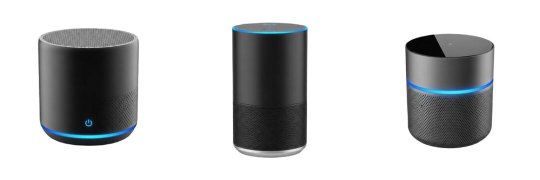 Modern Smart Speaker Set - Realistic Black Wireless Voice Assistants with Blue LED Light Ring for Home Automation and AI Technology Isolated on White Background