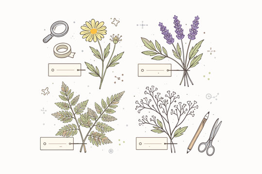 Herbarium style backgrounds. Minimal still-life of botanical samples laid out as if for documentation, with careful spacing and calm symmetry. The scene feels