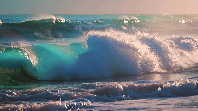 Powerful turquoise ocean wave breaking at sunset