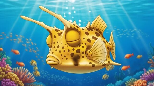 Cheerful cartoon yellow boxfish swimming happily in a vibrant coral reef, surrounded by small colorful fish and sunlight filtering through the clear blue ocean water.