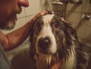 Dog getting a bath pet care at home