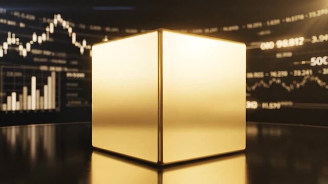 A golden cube sits on a reflective surface, surrounded by financial data.