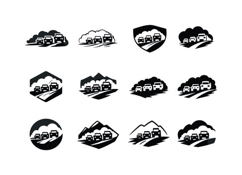 a military convoy driving down a dirt road. Icon set. Set Logo of a military convoy driving down a dirt road: dusty trail behind vehicles.