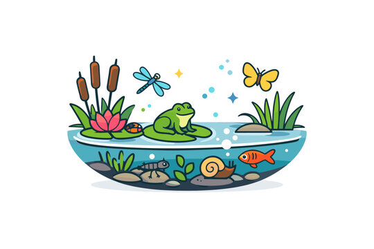 Pond life revealing a calm freshwater world where plants, insects, and small animals coexist in quiet balance. A peaceful visual metaphor of