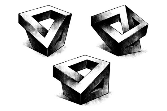 Optical illusion object twisted perspective block, a solid form whose planes bend visual logic and suggest conflicting angles, displayed as