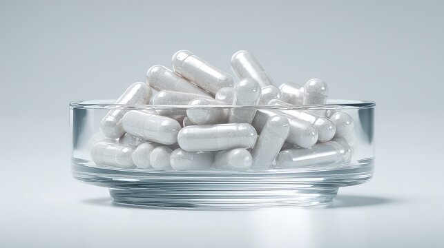 Probiotics capsules in a transparent laboratory style glass bowl, subtle microbiome inspired composition, minimal white background