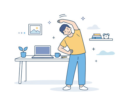 Refreshing Home Office Stretch. Micro-stretching break scene. A friendly character standing and performing a gentle side stretch at a home office desk, with