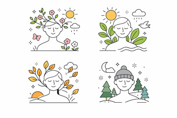 Obraz premium People with seasonal growth and nature elements. Abstract scene where a human figure blends gently with trees, sun, and clouds changing by