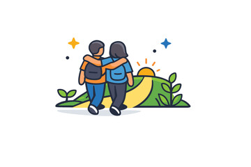 Friendship and personal growth expressed through shared support two friends walking side by side toward a small rising path with plants and