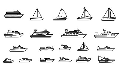 Boat and Ship Outline Icon Set Thin Line Vector Nautical Water Transportation Collection Transparent