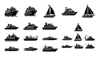 Boat and Ship Icon Set Flat Vector Cruise Sailboat Yacht Ferry Trawler Speedboat Collection Transparent Background