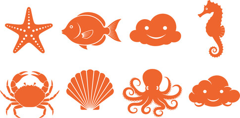 Cute marine animal silhouette set. Starfish, fish, crab, octopus and seahorse icons. Simple ocean shapes isolated on transparent background. © IVY QUEEN