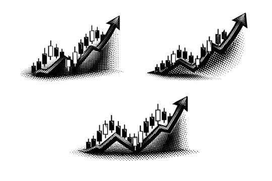 Halftone Market Trend. Financial chart market trend indicator object. Black and white dot style with halftone texture and high contrast. Halftone texture with