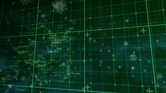 Neon-green grid animating pulsing circuit lines initiating drifting flake particles for HUD scan