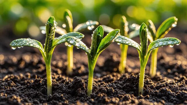 Tiny green plant sprouts growing from soil at sunrise
